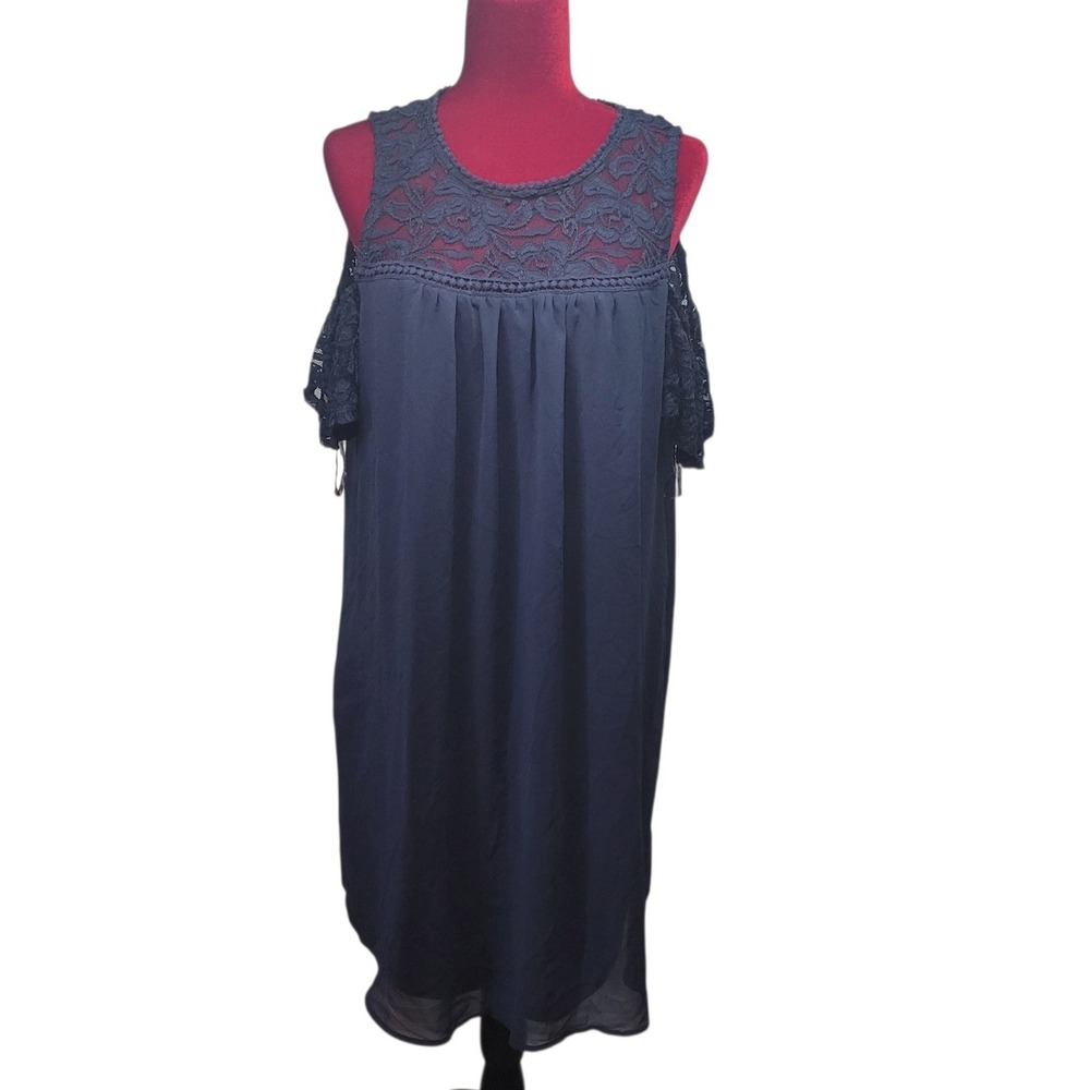 As U Wish Navy Blue Cold Shoulder Lace Yoke Shift Dress Womens 2X A699
